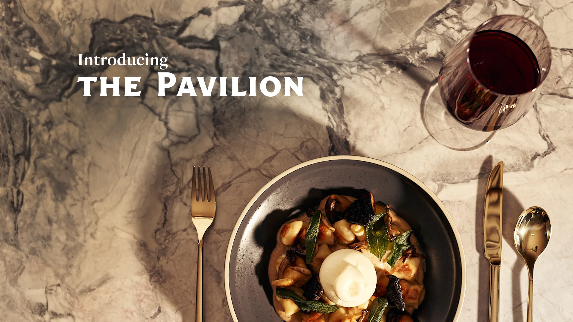 Gnocchi and wine dish with text that says Introducing the Pavilion