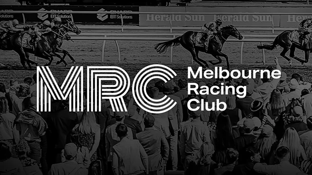 Melbourne Racing Club logo over black and white image of horse racing event