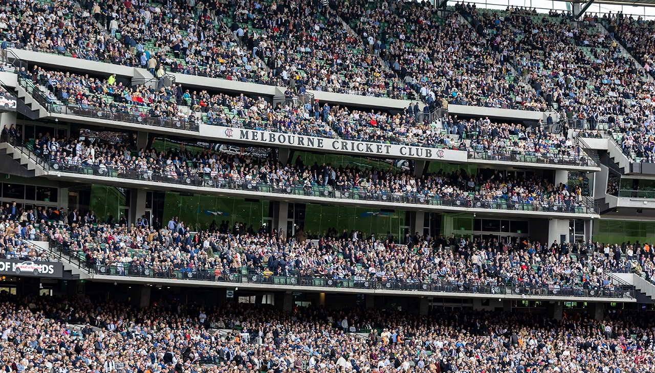 A view of the MCC Members' Reserve full of fans from the MCG arena on AFL Grand Final Day