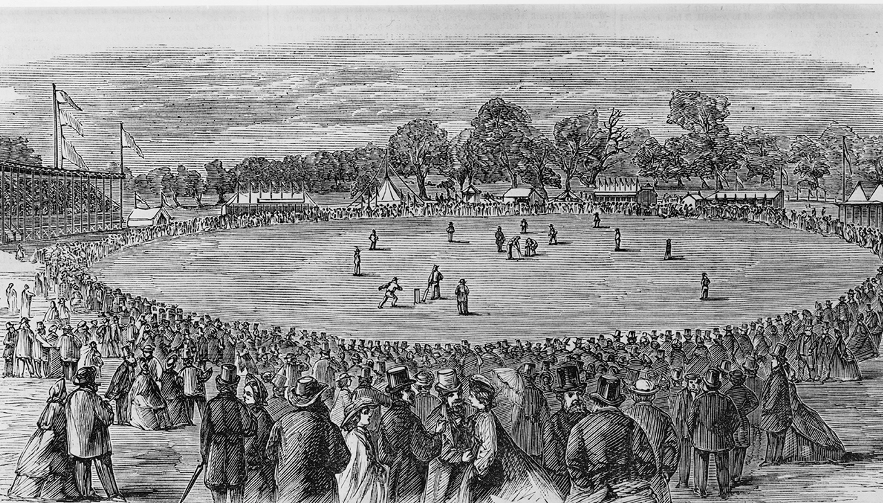 A view from the grandstand, of the All-England Eleven in the field during a match at Melbourne Cricket Ground in Yarra Park, Melbourne, Victoria, Australia, 1862. Original publication: Illustrated Sporting News, April 1962. (Photo by Popperfoto via Getty Images/Getty Images)