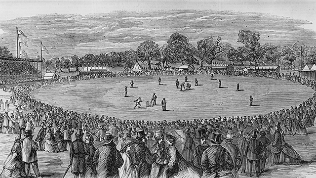 A view from the grandstand, of the All-England Eleven in the field during a match at Melbourne Cricket Ground in Yarra Park, Melbourne, Victoria, Australia, 1862. Original publication: Illustrated Sporting News, April 1962. (Photo by Popperfoto via Getty Images/Getty Images)