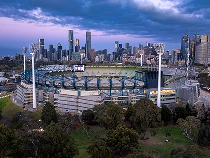 An aerial view of the MCG at sunrise ahead of the 2025 AFL Grand Final