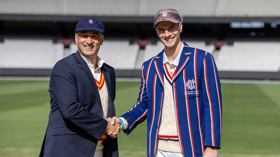 Marylebone CC and Melbourne CC captains shake hands at the MCG
