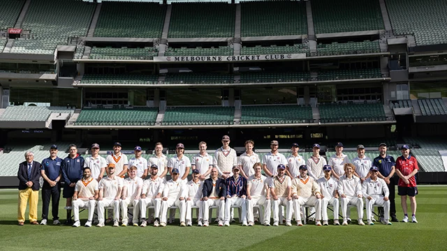 Marylebone CC and Melbourne CC team photo in front of the Members' Reserve at the MCG