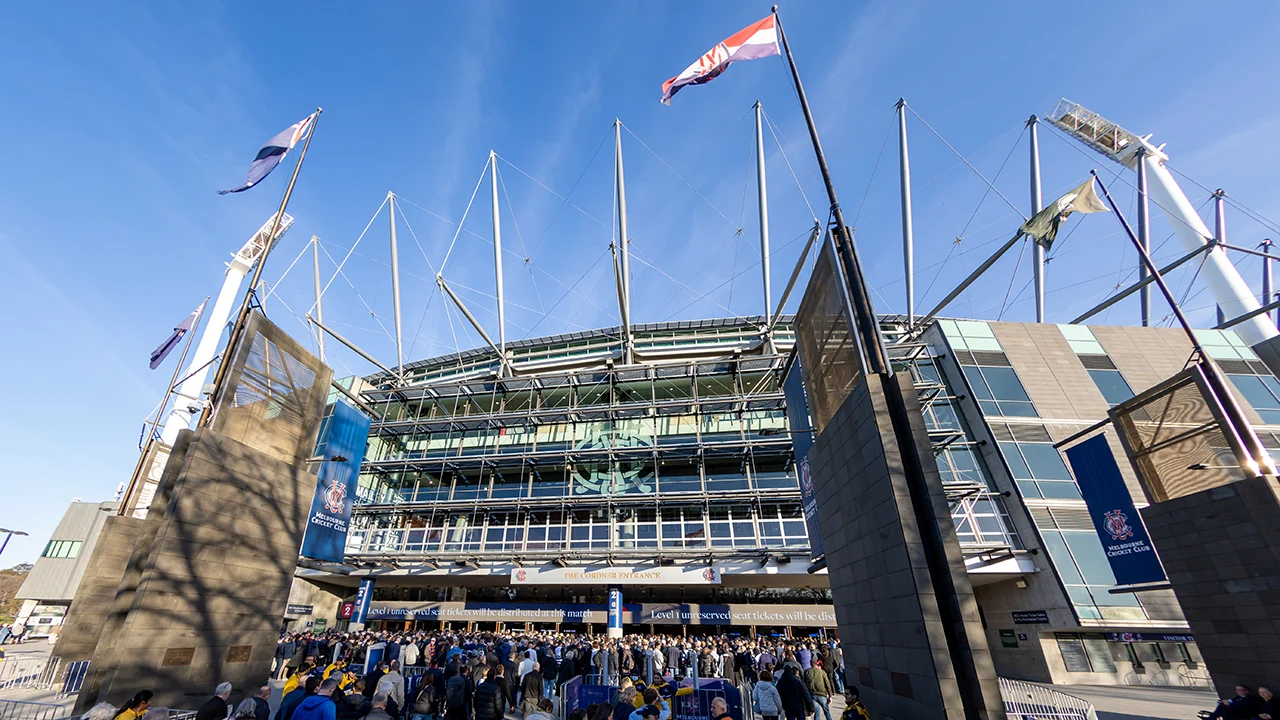 MCC and Australian flags outside Gate 2 of the MCG