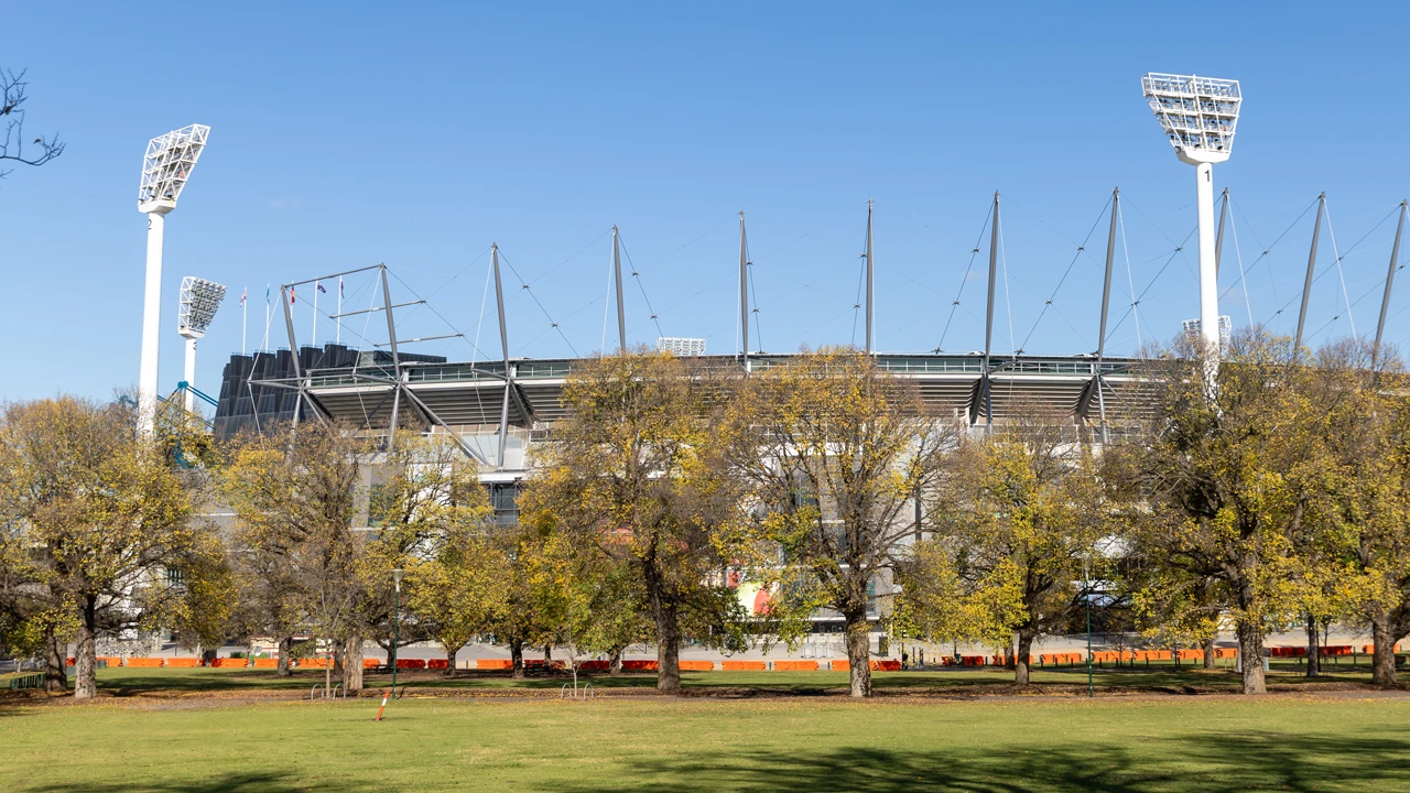 Looking at the MCG from Yarra Park during winter