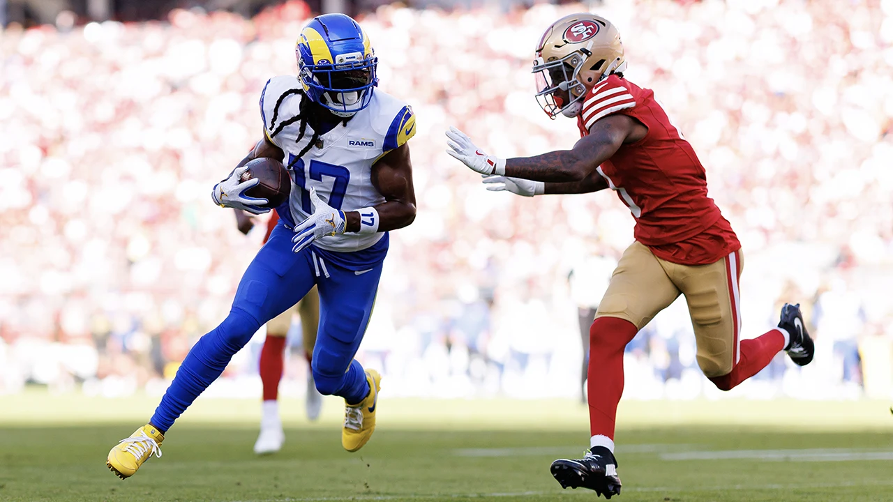 LA Rams #17 completes a catch against San Francisco 49ers #0 during an NFL game