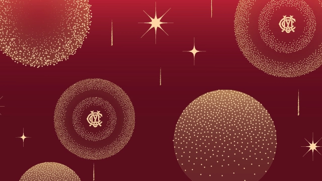 Christmas Day Lunch in the MCC Members' Dining Room A gold Christmas design on a red background