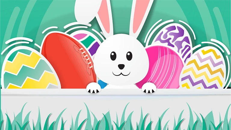 Cartoon bunny surrounded by decorated eggs and footy