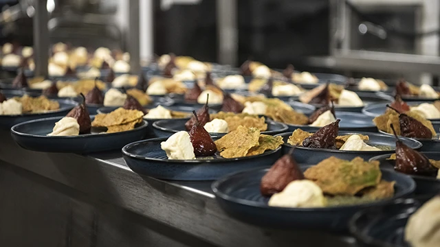 Rows of plated desserts