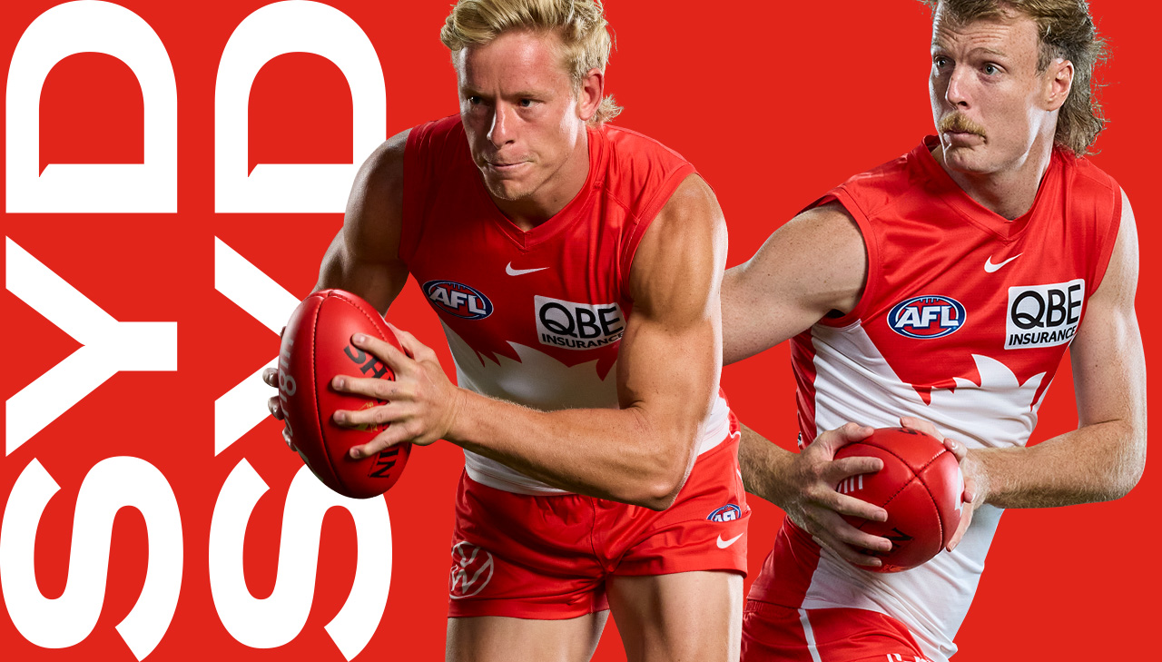 Sydney Swans players in front of a red and white background