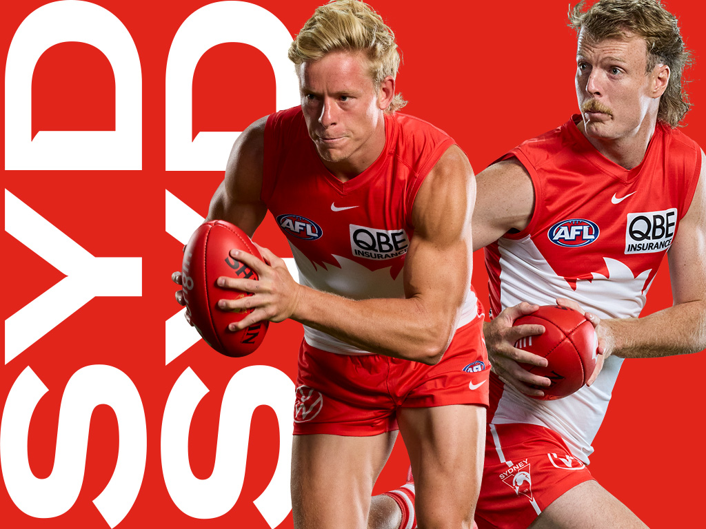 Sydney Swans players in front of a red and white background